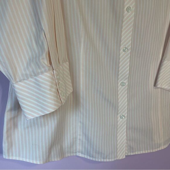Chico's No-Iron Pink White Pinstripe Button Front Collar Cotton Boho Blouse XL - Picture 3 of 9